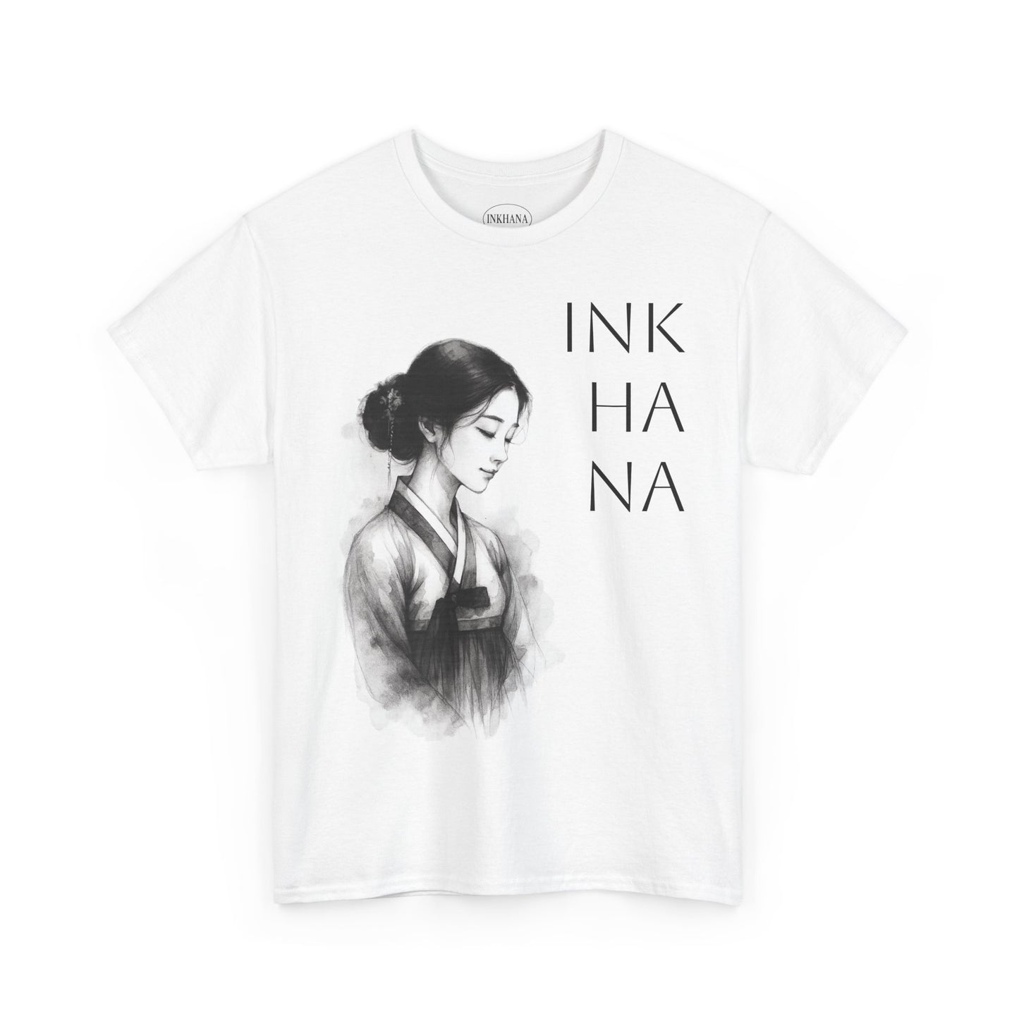 INKHANA Elegant Unisex Heavy Cotton Tee – Korean Hanbok Graphic Design, Grace in a Sky Soul, Art-Inspired Apparel, Relaxed Fit, Gift-Ready